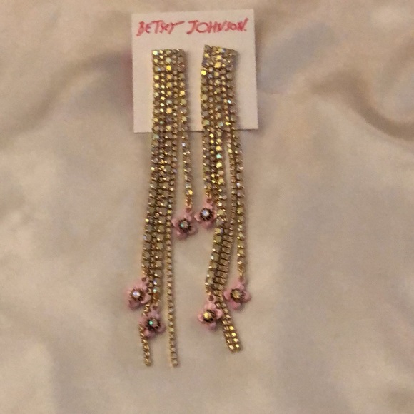 Betsey Johnson Gold Tone Crystal Cup Chain Fringe Drop Earrings Flower Accent - Picture 6 of 11
